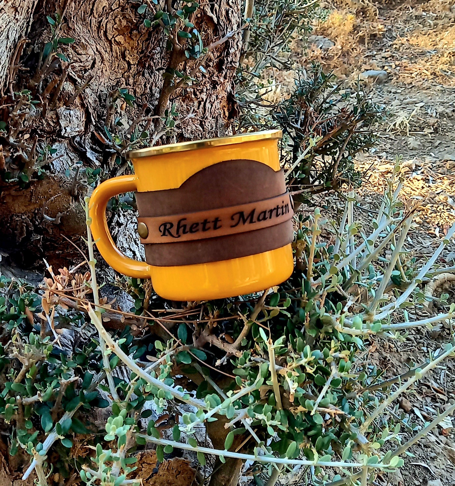 Custom Topography Leather Sleeve Enamel Mug, Personalised Hiking Mug,  Enamel Coffee Cup, Leather Contour Lines Walking Camping Gift 