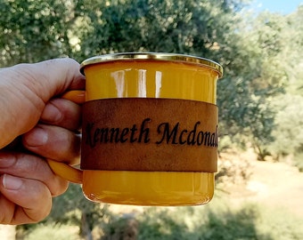 Personalized Enamel Mug, Leather Enamel Mug, Camping Mug, Mug Gift, Travel Mug, Forest Mug, Outdoor mug, Mountain Mug