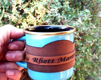 Personalisierte Emaille Tasse, Leder Emaille Becher, Camping Becher, Becher Geschenk, Bergbecher, Reisebecher, Waldbecher, Outdoor Becher,