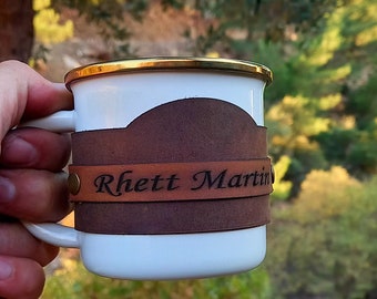 Personalized Enamel Mug, Leather Enamel Mug, Camping Mug, Mug Gift, Mountain Mug, Travel Mug, Forest Mug, Outdoor mug,