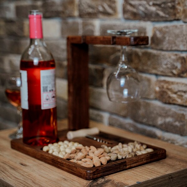 Personalized Wine Serving Tray,Wine Glass Stand,Home Gift,Premium Serving Tray,Gift for Couple,Anniversary Gift,Wood Alcohol Stand,Corkscrew