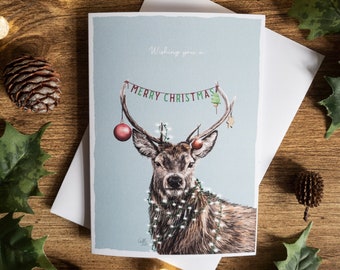 Merry Christmas card | Christmas Card | Christmas Deer With Baubles | A6 Blank Card | Greeting Card