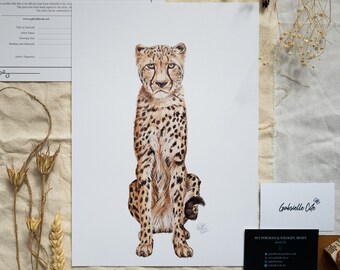 Big Cat Print | Sitting Big Cat | Cheetah Illustration | A4 Unmounted print | Wildlife Illustration