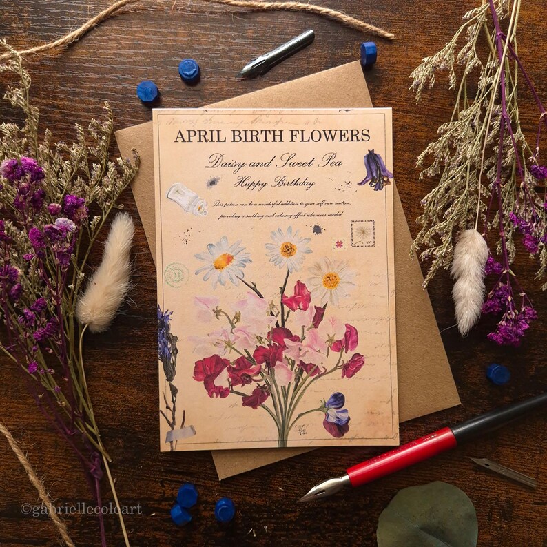 Carte de joyeux anniversaire | Fleurs Naissance | Carte vierge A6 | mois de l'année | Anniversaire d'avril | Recettes de potions Whimsical & Witchy