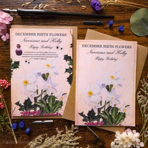 Gelukkige verjaardagskaart | Geboortebloemen | Blanco A6-kaart | Maanden van het jaar | Verjaardag december | Grillig | Drankjes Recepten