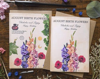 Carte de joyeux anniversaire | Fleurs Naissance | Carte vierge A6 | mois de l'année | Anniversaire d'août | Fantastique | Recettes de potions