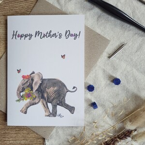 carte pour la fête des mères | Bonne fête des mères | Éléphant avec des fleurs | Papillons | Fleurs | Carte vierge A6 | Éléphant image 4