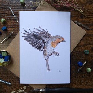 Robin w locie ilustracja kartka z pozdrowieniami | Europejski Robin | Ilustracja dzikiej przyrody | Pusta karta A6 | Karta z pozdrowieniami dzikiej przyrody
