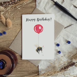 Carte de joyeux anniversaire | petite carte d'anniversaire bourdon | Carte vierge A6 | Faune sauvage | Illustration de la faune | Bourdon et ballon image 1