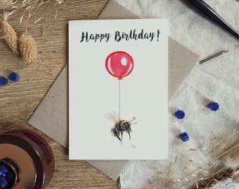 Happy Birthday Card | Little Bumblebee Birthday Card | A6 Blank Card | Wildlife | Wildlife Illustration | Bumblebee and Balloon