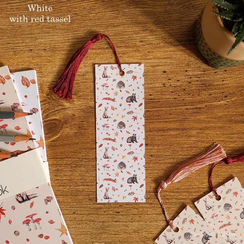 Bookmark Wildlife Animal Bookmark Animal Illustration Autumn Wildlife Autumn Bookmark Reading White Red Tassel