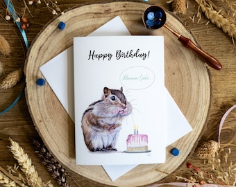 Happy Birthday Card | Mmmm Cake | Chipmunk Happy Birthday Card | Wildlife Greetings Card | Blank A6 | Funny | Cute