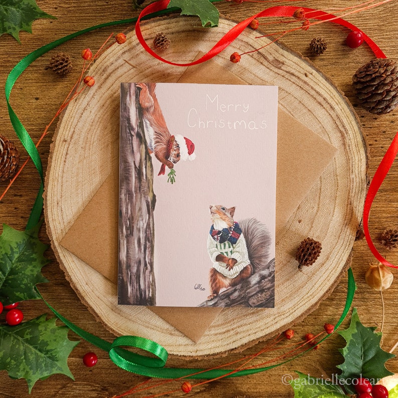 Merry Christmas Mistletoe Squirrels Christmas Cards A6 Blank Squirrel Couple Pink Background