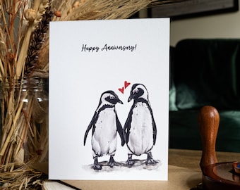 Penguin Anniversary Card | Happy Anniversary | A6 Blank Card | Wildlife Card | love Hearts