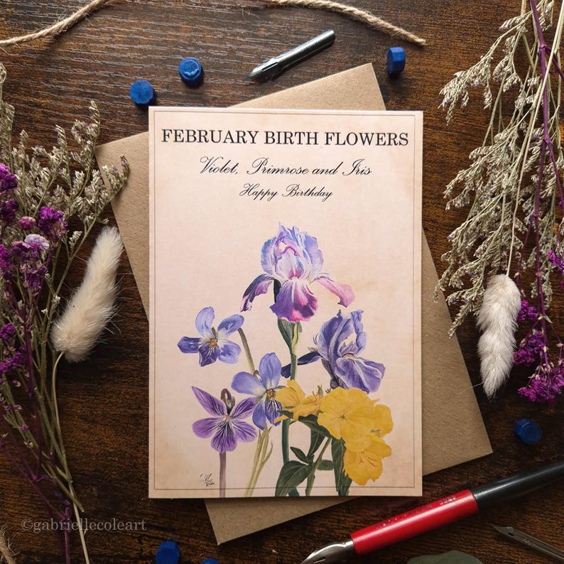 Carte de joyeux anniversaire | Fleurs Naissance | Carte vierge A6 | mois de l'année | Anniversaire de février | Recettes de potions Sweet and Simple