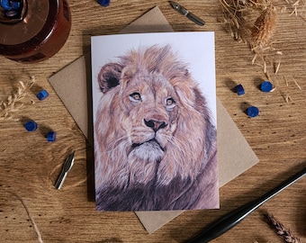 illustration de lion carte de vœux | L'événement Crinière | Illustration de la faune | Carte vierge A6 | Carte de voeux de la faune