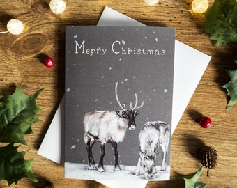 Merry Christmas | Christmas Reindeer in Snow | Christmas Card | Greeting Card | A6 Blank Card