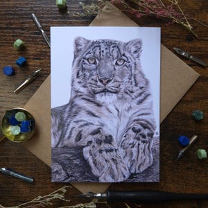 Schneeleopard Illustration Grußkarte | Gespenst | Wildtiere Illustration | A6 Blanko-Karte | Wildtier-Gruß-Karte