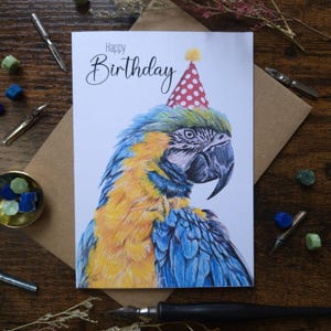 Alles Gute zum Geburtstag | Gelb-blauer Ara | Ara mit Partyhut | A6 Blanko-Karte