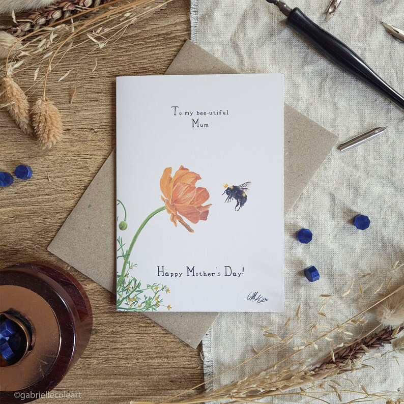 carte pour la fête des mères | Bonne fête des mères | Bourdon et fleur | Fleurs | Carte vierge A6 | Abeille image 1