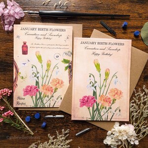 Carte de joyeux anniversaire | Fleurs Naissance | Carte vierge A6 | mois de l'année | Anniversaire de janvier | Recettes de potions