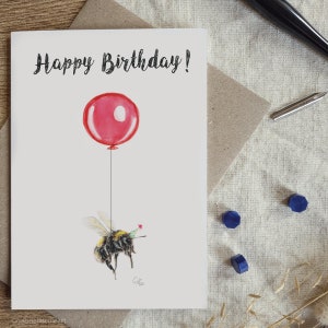Carte de joyeux anniversaire | petite carte d'anniversaire bourdon | Carte vierge A6 | Faune sauvage | Illustration de la faune | Bourdon et ballon image 2