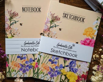 Carnet de croquis | Carnet de notes | Papier recyclé | Édition limitée | Fleurs de jardin et abeilles | Carnet de notes en papier uni fleurs sauvages | A5