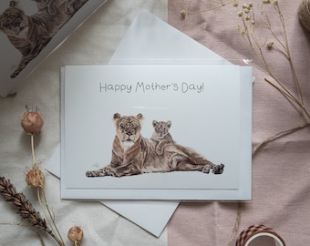 Lioness and Cub | A6 Blank Card | Mother's Day Card | Wildlife Greetings Card | Lion Illustration Card