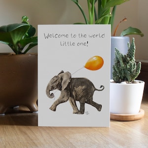 Neues Baby Karte | Elefantenparade | Willkommen in der Welt | Kleine | Baby Elefant | A6 Blanko-Karte | Elefant mit Ballon