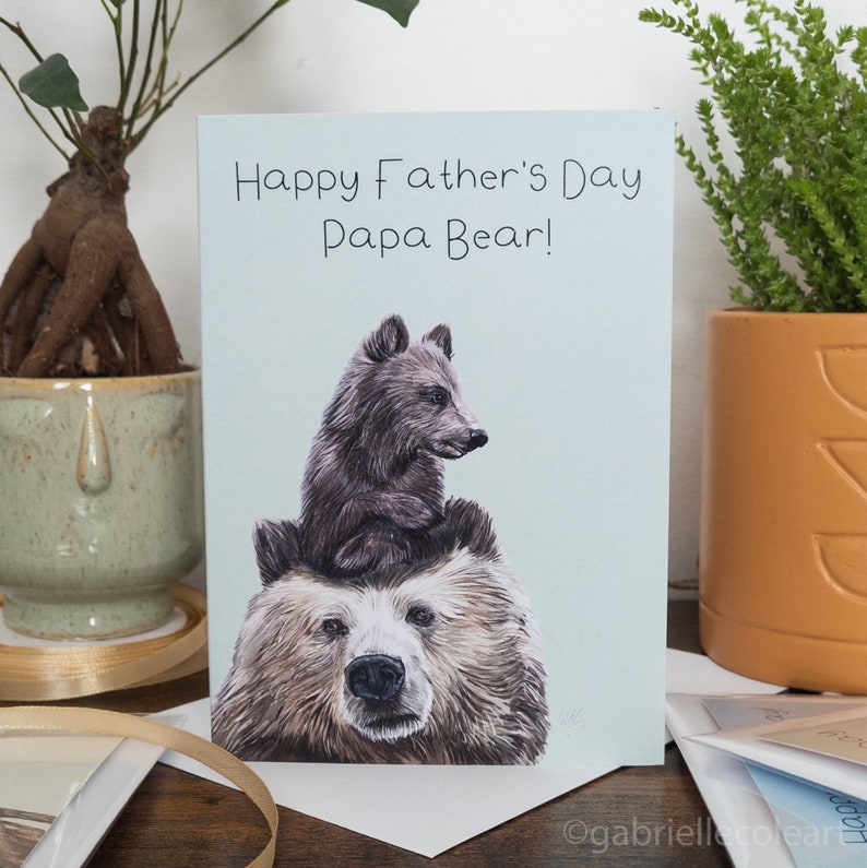 Papa Bear And Cub Father's Day Card Bear Wildlife Card Brown Bear Greetings Card Brown Bear Illustration A6 Blank Card image 2