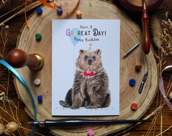 Happy Birthday Card | Have A Great Day | Sitting Brown Bear Birthday Card | A6 Blank Inside |