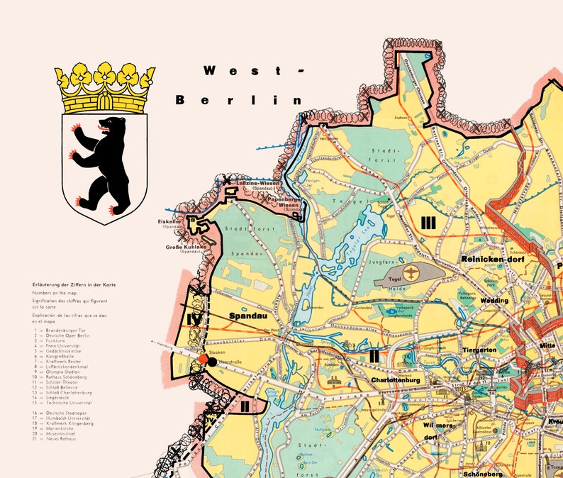 Cold War Map Divided City of Berlin Berlin Wall Map of  Etsy
