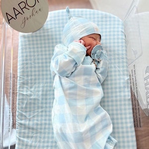 Baby Boy Knot Gown, Newborn Sleeper and Hat Set, Baby Shower Gift, Blue and White Baby Sleeper