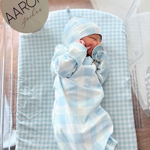 Baby Boy Knot Gown, Newborn Sleeper and Hat Set, Baby Shower Gift, Blue and White Baby Sleeper