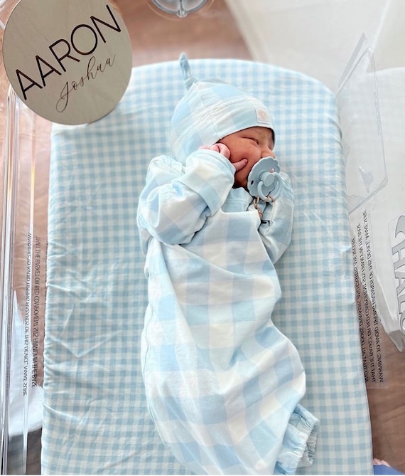 Baby Boy Knot Gown Newborn Sleeper and Hat Set Baby Shower Gift Blue and White Baby Sleeper Etsy UK
