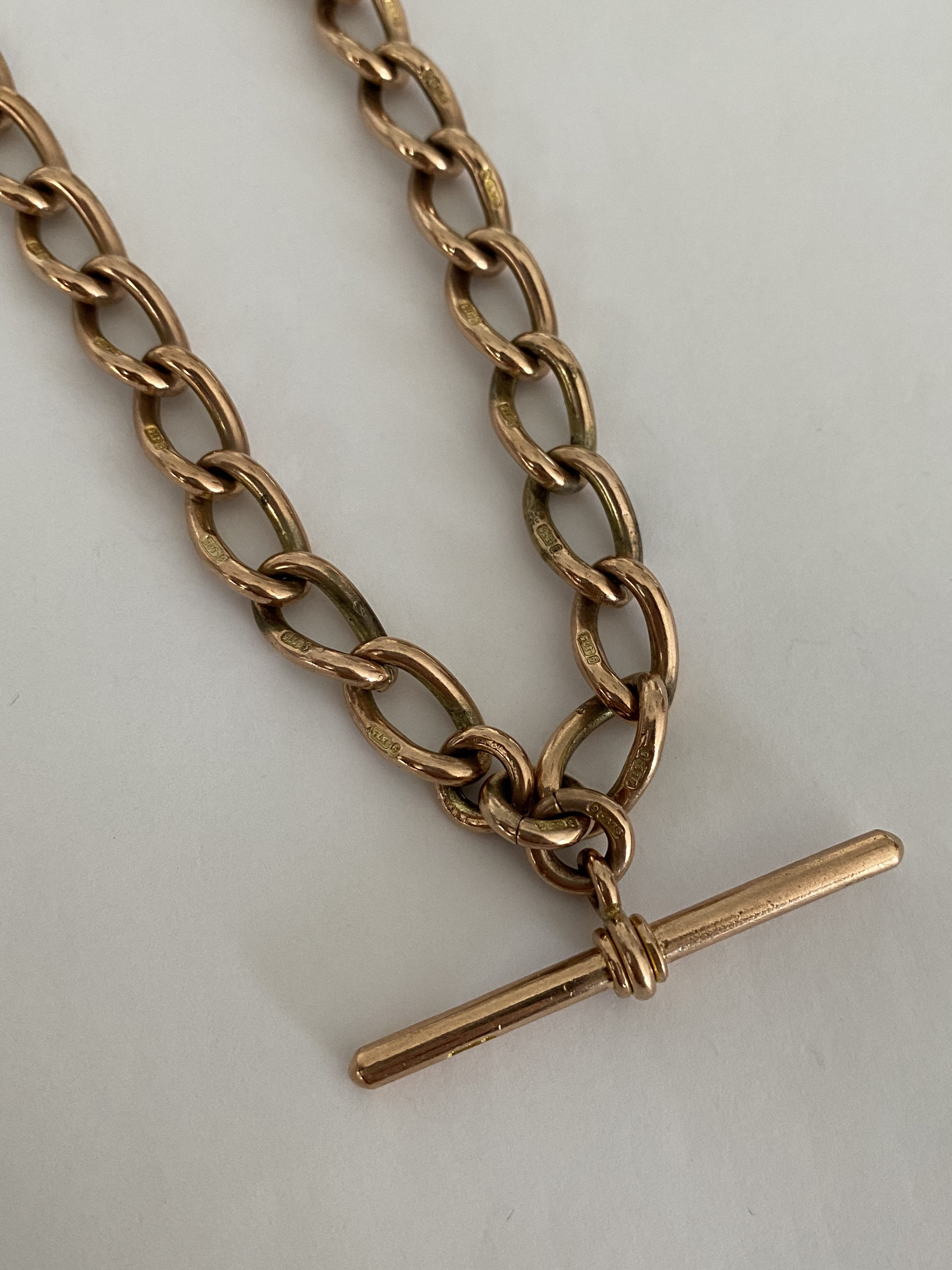 Pre-Owned 9ct Rose Gold Albert Chain and T-Bar| Second Hand 9ct Rose Gold  Watch Chain| Pre-Loved 9ct Rose Gold Albert Chain