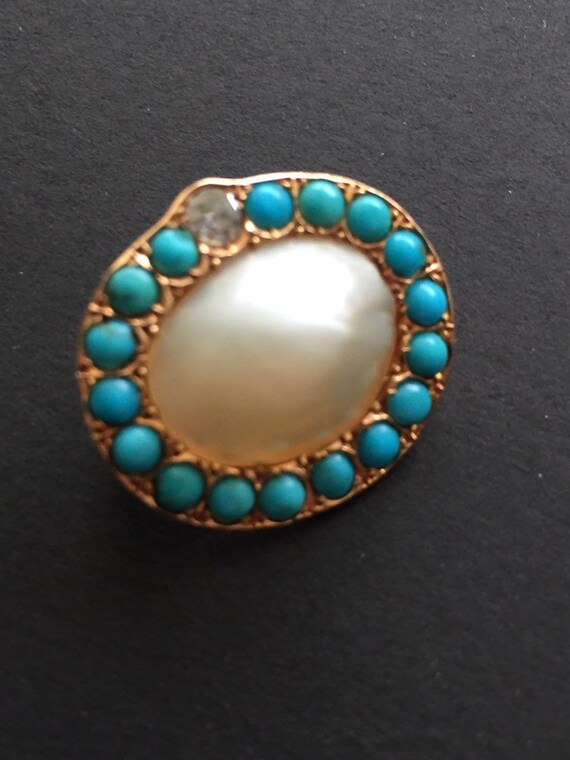 Pearl, turquoise and diamond brooch - image 4