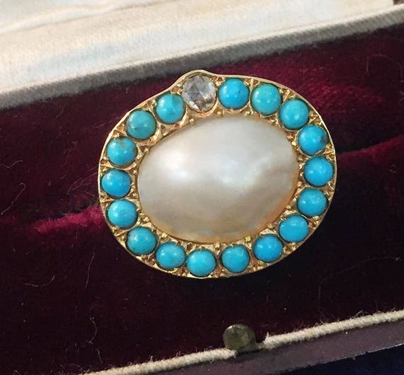 Pearl, turquoise and diamond brooch - image 1