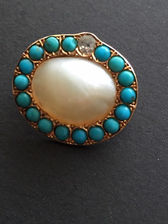 Pearl, turquoise and diamond brooch - image 3