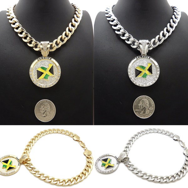 Iced Jamaica Flag Round  Pendant 11mm/18" or 20" Cuban Chain Necklace