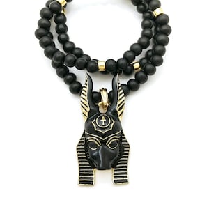 Egyptian Anubis God Pendant Pendant 8mm/18&quot;, 20&quot; Wooden Beads Chain Fashion Necklace