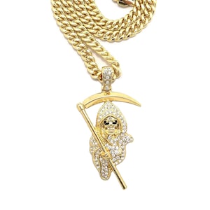 New Iced Grim Reaper Death Skull Pendant 6mm Cuban Chain Necklace