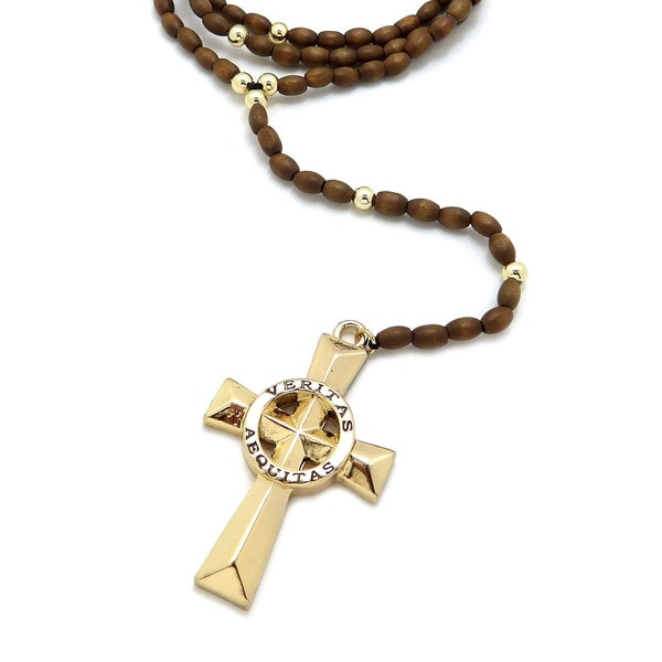 Veritas Aequitas Cross Boondock Saint Pendant 5mm/30" Wooden Rosary Ball Chain Necklace