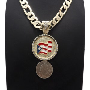 Iced Cubic Zirconia Puerto Rico Flag Charm 12mm/20" Gold plated Figaro Chain Necklace