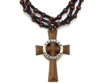 Veritas Aequitas Saints Cross Wooden Rosary 8mm/30&quot; Wooden Chain Necklace