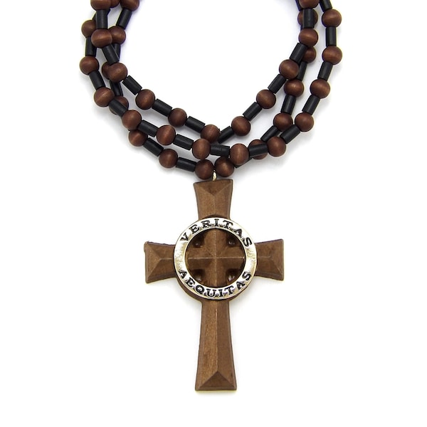 Veritas Aequitas Saints Cross Wooden Rosary 8mm/30" Wooden Chain Necklace