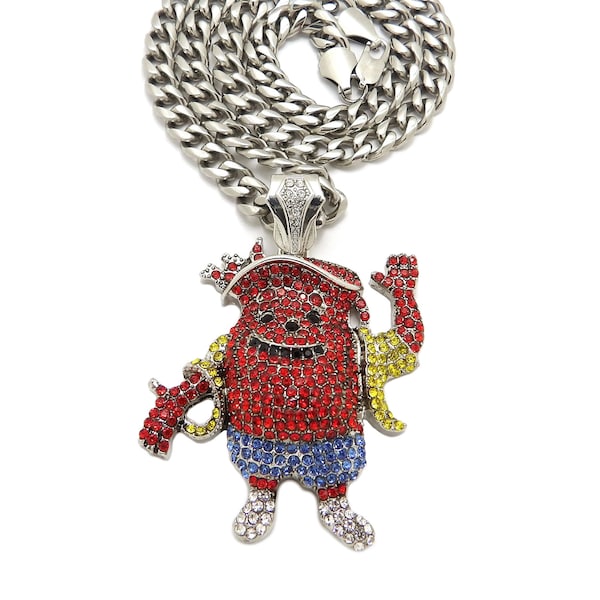 Iced Out Kool Aid Pendant 9mm/24",30" Stainless Steel Cuban Chain Hip Hop Necklace