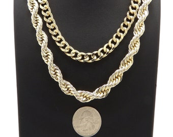 14K Gold & Sliver Plated 9mm Cuban Chain 8mm Rope Chain Fashion Hip Hop Necklace Set