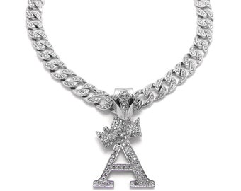 Ice Out Initial Alphabet Letter Silver Pendant 10mm/18",20",24" Ice Bling Cuban Chain Fashion Necklace