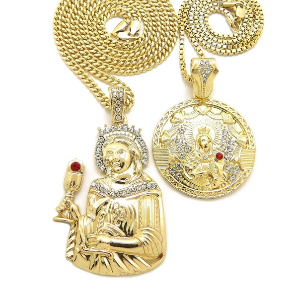 New Iced out Saint Barbara Pendant 2mm & 3mm Cuban Chain Set Hip Hop Fashion Necklace